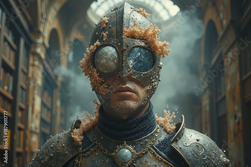 Close Up of Mossy Knight Armor with Celestial Space Reflection in Goggles
