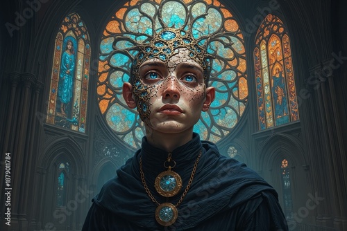 Person with Ornate Golden Geometric Halo in Stained Glass Cathedral
