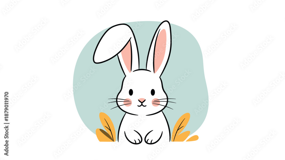 Fototapeta premium Adorable white rabbit with long ears and pink cheeks sitting comfortably in a simple nature setting illustration.