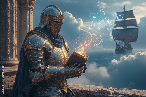 Knight in Blue and Gold Armor Opening a Magic Glowing Book
