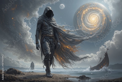 Hooded Traveler Standing Before a Massive Cosmic Swirl Portal
