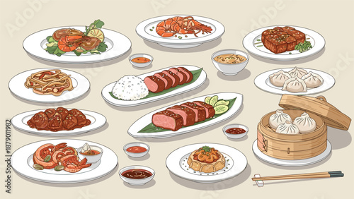 Extensive spread of asian culinary delicacies including steamed buns, roasted meats, seafood, and diverse dipping sauces on a table.