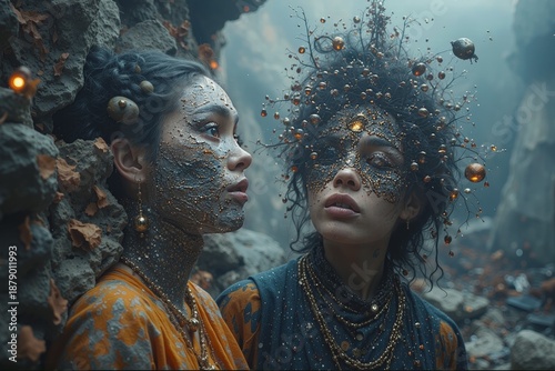 Ethereal Women with Ornate Crystals and Moss in a Mountain Landscape
