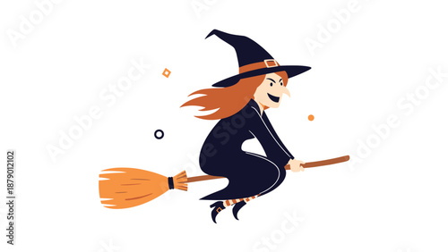 Wicked witch with long orange hair flying through the night sky on her magical broomstick for a Halloween flight.