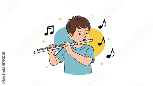 Young boy in a blue shirt happily playing the flute surrounded by floating musical notes and colorful circles.