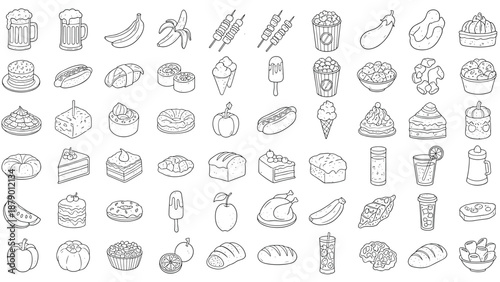 Extensive collection of line art icons depicting various food, drinks, desserts, fruits, and vegetables for menus.