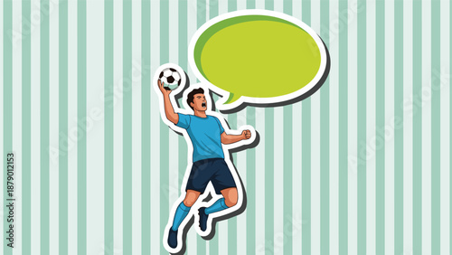 Action-packed illustration of a male soccer player jumping high to catch a ball with an empty green speech bubble above his head.
