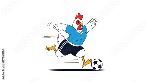 Whimsical cartoon illustration of a white rooster wearing a blue soccer kit while running and dribbling a soccer ball in a match.