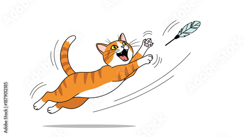 Dynamic illustration of a ginger and white tabby cat leaping high into the air to catch a blue feather toy on a thin string.