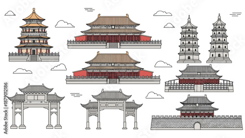 Architectural collection of various traditional Chinese buildings including multi-storied pagodas, ornate gates, and grand temples.