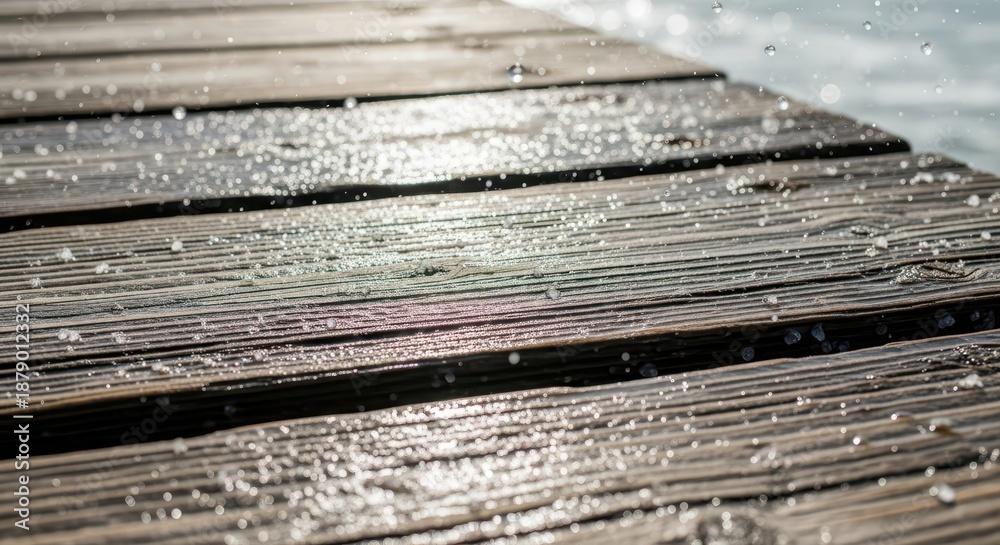 Fototapeta premium Water droplets splash onto weathered wooden planks illuminated by bright sunlight.
