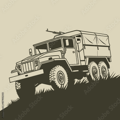 Military vehicle on rough terrain