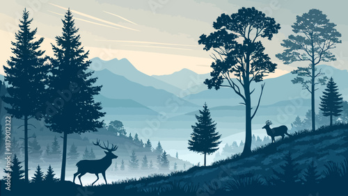 Serene forest landscape with deer in misty mountain valley at dawn