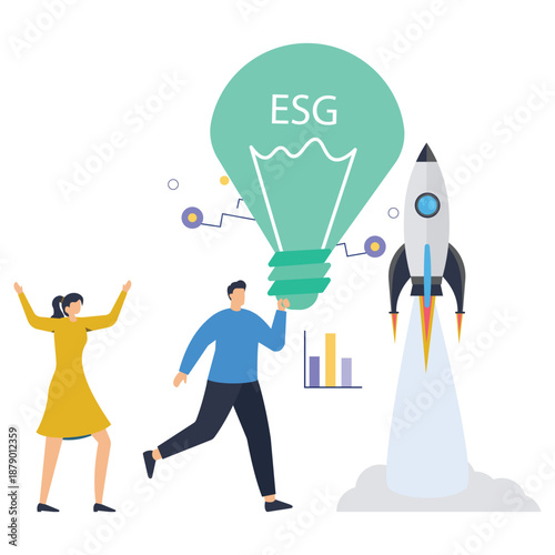Two enthusiastic business people launch a rocket next to a giant lightbulb labeled ESG, symbolizing rapid growth driven by sustainability principles.
