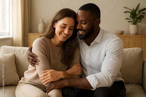Affectionate diverse couple embracing and smiling on a cozy sofa in a home living room for love, togetherness, and relationship concept with soft natural light