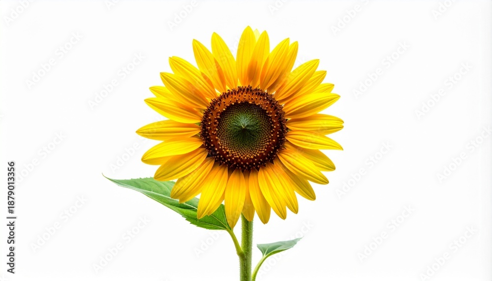 Obraz premium Single sunflower with yellow petals and dark center on white background