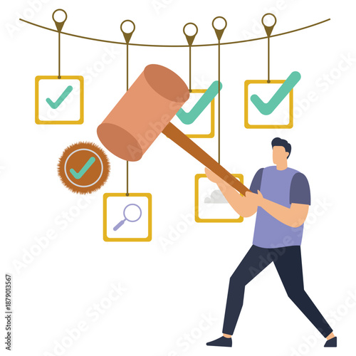 Businessman aggressively strikes a compliance checklist with a large wooden gavel against a backdrop of hanging task cards.