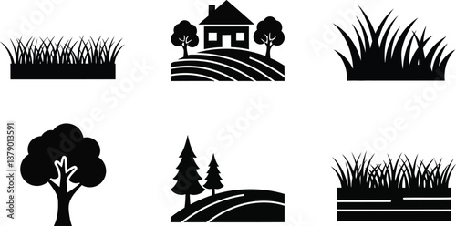 Landscaping silhouette icons featuring grass trees and a house