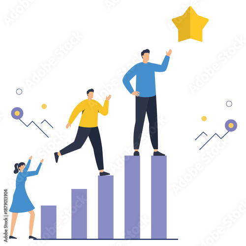 Three diverse team members collaborate to reach a prominent yellow star placed atop the highest bar in a growing vertical bar chart structure.