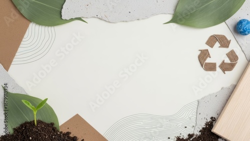 Eco-friendly flat lay design featuring recycling symbol, fresh green leaves, and a young plant sprout on earthy textures, promoting environmental care and sustainable practices