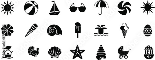 Summer vacation silhouette icons set