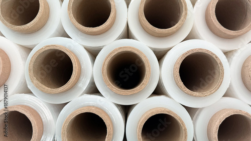 Rolls of plastic stretch film. Background. Concept of using food film for food packaging and storage items, recycling, logistics