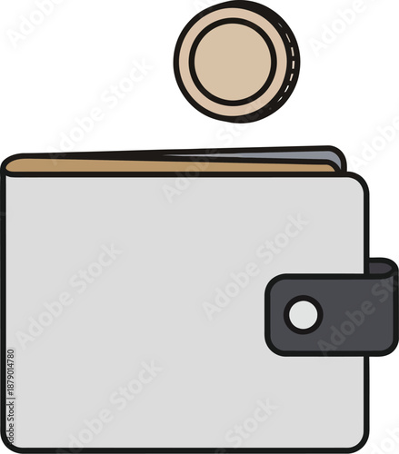 A minimalist and stylish light gray wallet icon with a dark blue clasp, featuring a gold coin floating above, symbolizing financial transactions, income, and payment methods.