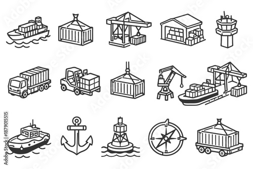 Maritime and port line icons set - shipping, container, dock, transport, logistics, marine.