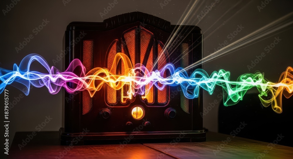 Obraz premium Antique electronic communication device emitting vibrant, multicolored sound waves across a dark surface