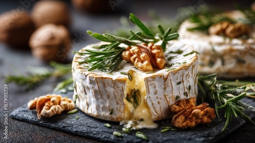 Creamy baked camembert with walnuts and fresh rosemary on slate platter.
