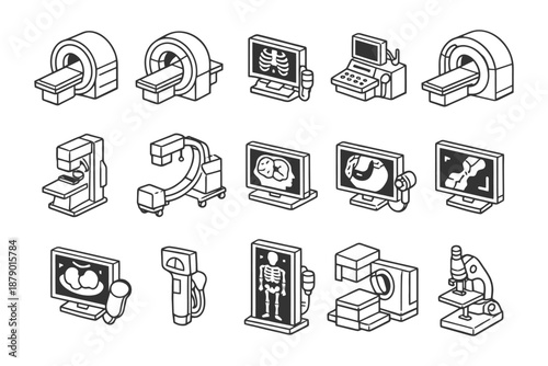 Medical imaging equipment icons: mri, x-ray, ultrasound, ct scanner, mammography.