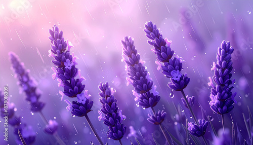 Realistic Lavender Flowers and raindrops; digital art; handpainted
