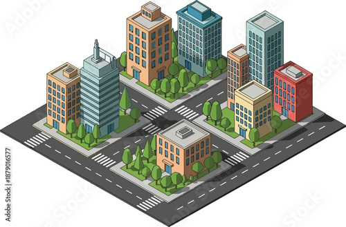 An engaging isometric view of a modern cityscape, showcasing various commercial and residential buildings interconnected by well-defined roads and lush green trees.