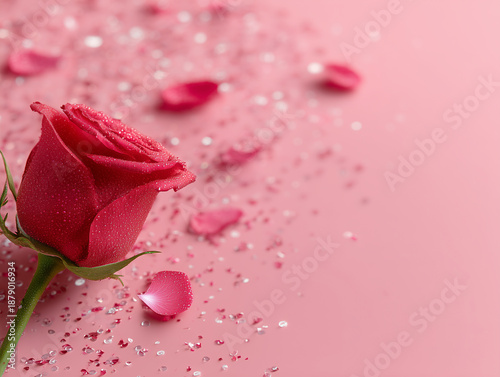 Single red rose with dewdrops and petals on pink background with copy space