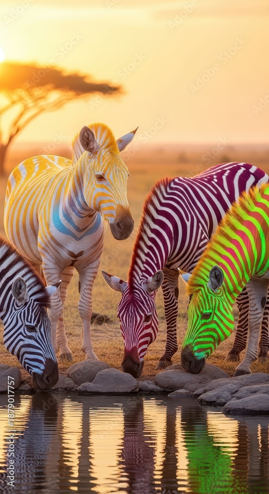 Fototapeta premium Group of variously colored equids drink water from a shallow pool during a golden sunset