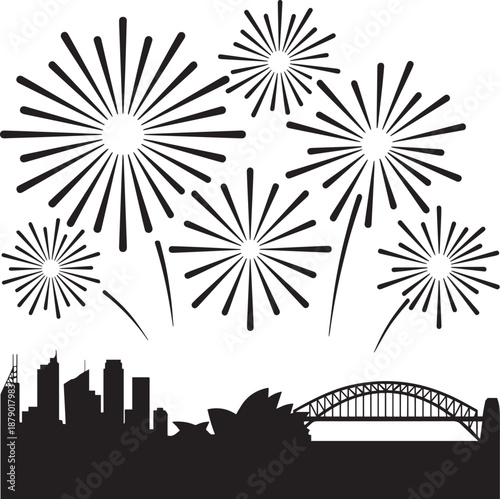 Black silhouette fireworks celebration over modern city skyline with bridge landmark, festive holiday night scene vector illustration for New Year, festival, party invitation and event poster