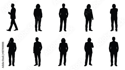 Silhouettes of people in various poses isolated on white background, Vector