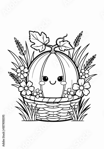 Cute Pumpkin in Basket Coloring Page for Kids and Adults.