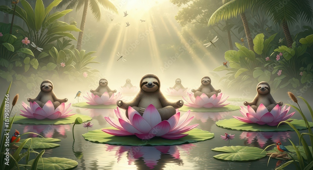 Fototapeta premium Several gentle mammals practice mindful sitting poses upon vibrant aquatic blossoms under bright sunlight filtering through a dense jungle canopy