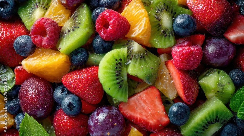 Obraz premium Vibrant fresh fruit medley with strawberries, kiwis, oranges, berries, and grapes.