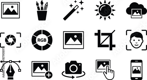 Black And White Vector Icon Set Of Photography Concepts Featuring Cameras Image Editing Tools Facial Recognition Cloud Storage And Graphic Design Elements For Professionals