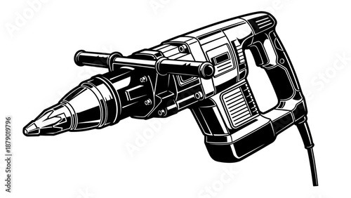 Heavy Duty Corded Rotary Hammer Drill Silhouette, Isolated White Background.