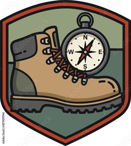 Adventure hiking badge with brown boot and compass, vector illustration for outdoor camping club logo, travel explorer emblem design, scout patch, or trekking symbol.