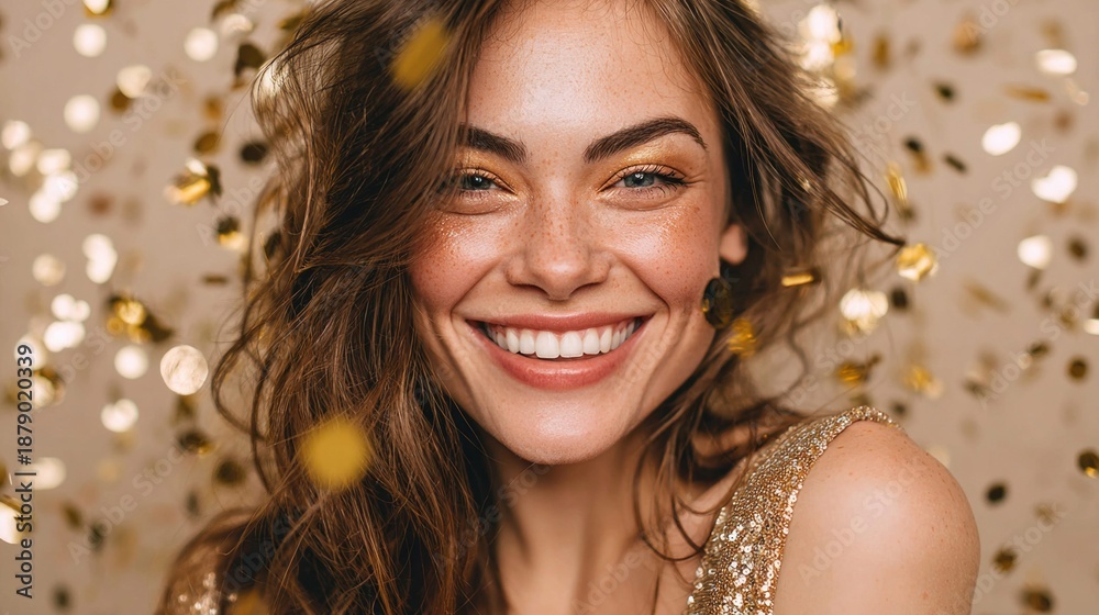 Fototapeta premium Beautiful woman smiles with gold confetti, celebrating a special occasion