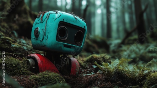 An old, rusted robot sits amidst lush forest greenery, symbolizing technology's disconnection from nature, evoking nostalgia, curiosity, and the passage of time in a serene landscape.