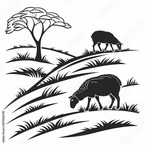 Sheep grazing in a pastoral landscape