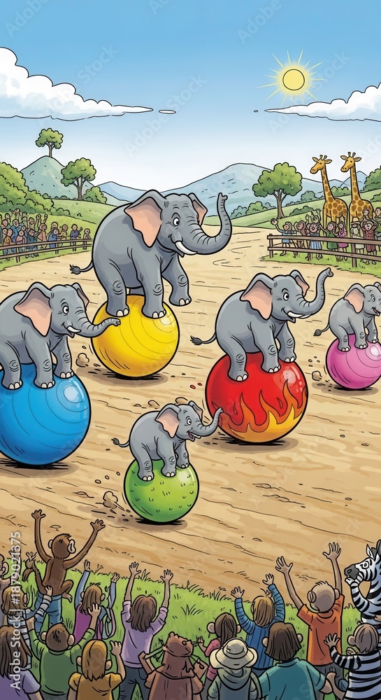Fototapeta premium Multiple elephants demonstrate impressive balancing skills upon colorful exercise spheres for an excited audience.