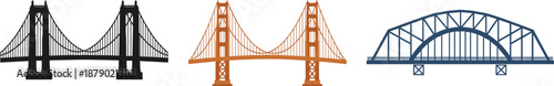 Stylized bridge illustration set, suspension and arch bridge variants with structural detail, architectural concept, flat vector design