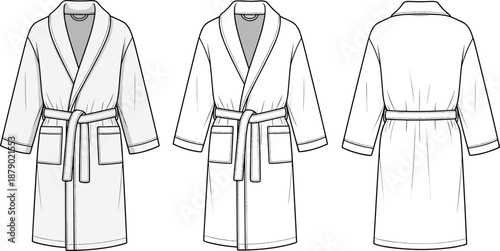 Vector technical flat sketch of a plush bathrobe, featuring a shawl collar, self-tie belt, large patch pockets, for loungewear, spa, and sleepwear apparel design template.