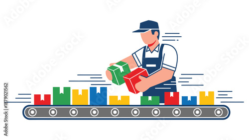 Logistics worker placing colorful packages on a conveyor belt. Supply chain, delivery, and manufacturing process illustration.
